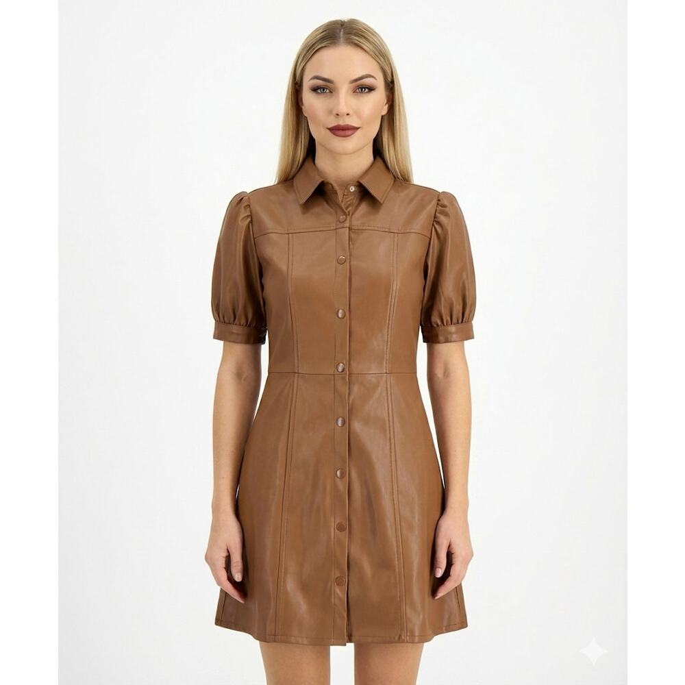Kit & Sky Womens Faux Leather Puff Sleeves Mini Shirtdress Juniors - Picture 2 of 4